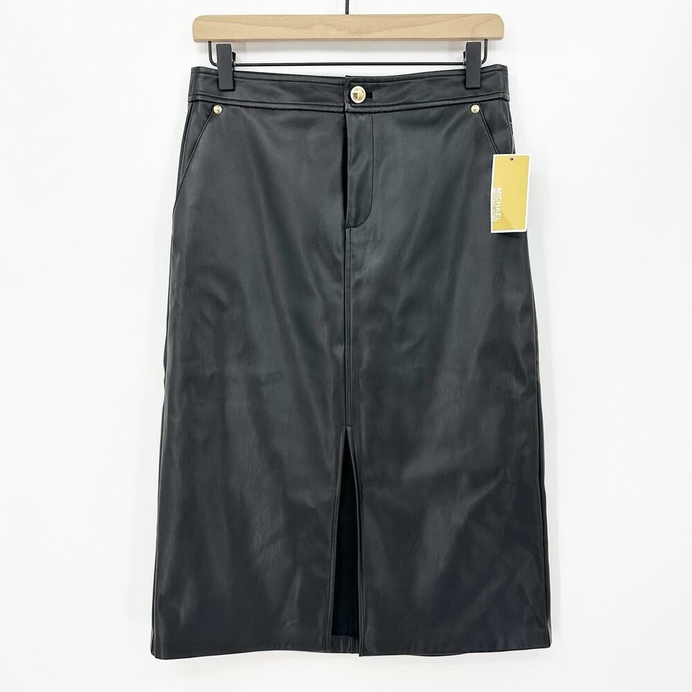 Michael Michael Kors Women Pencil Skirt 4 Black Faux Leather Mob Wife Front Slit